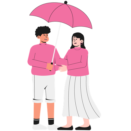 Couple Using an Umbrella on Valentine's Day  Illustration
