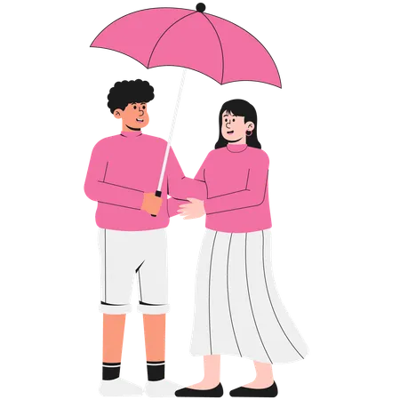 Couple Using an Umbrella on Valentine's Day  Illustration