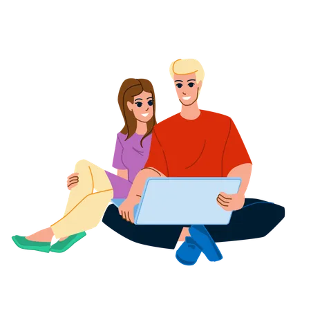 Couple Using Computer Vector Happy Home Woman Man Sofa Technology Computer Internet Young Couple Using Computer Character People Flat Cartoon Illustration Illustration