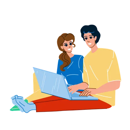 Couple Laptop Vector Home Indoors Technology Smiling Adult Happy Sitting Computer Online Man Internet Beautiful Woman Couple Laptop Character People Flat Cartoon Illustration Illustration