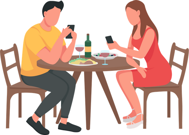 Couple Using Mobile during Date Illustration