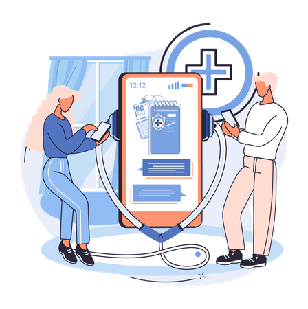 Couple using online doctor consultation app Illustration