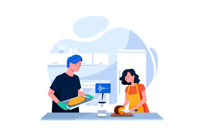 Couple using smart speaker to cook the food Illustration