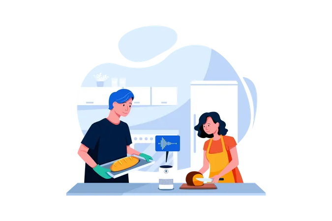 Couple using smart speaker to cook the food  Illustration