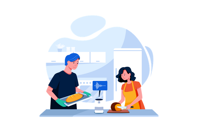 Couple using smart speaker to cook the food  Illustration