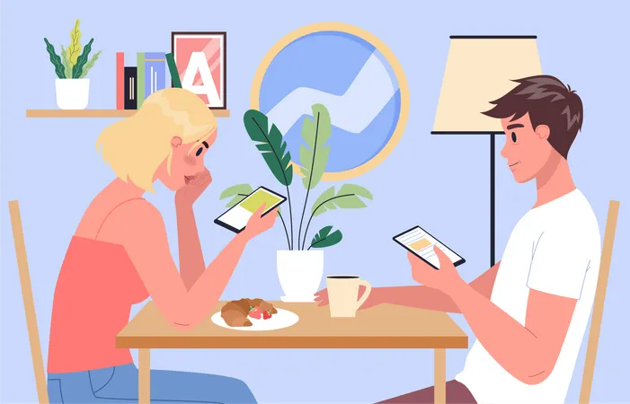 Couple using smartphone while eating food  Illustration