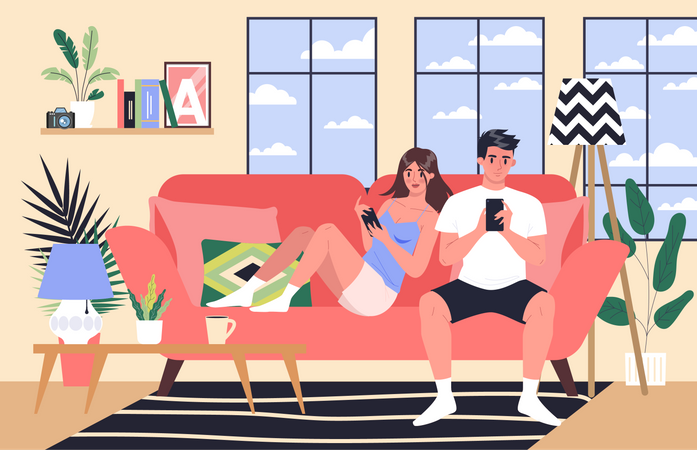 Couple using smartphone while sitting together  Illustration