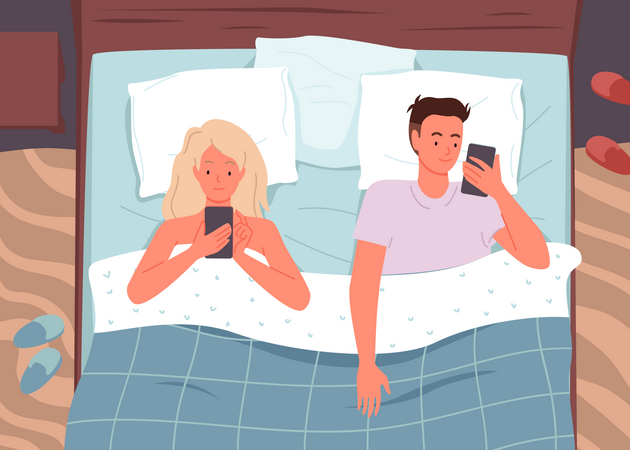 Couple using smartphone while sleeping  Illustration