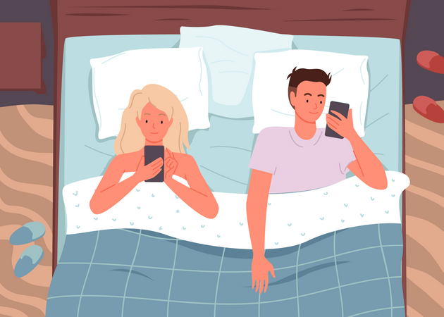Couple using smartphone while sleeping  イラスト