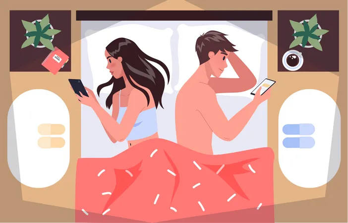 Couple using smartphone while sleeping together  Illustration