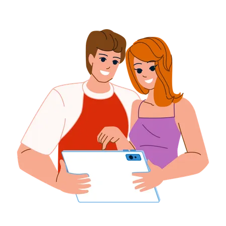 Couple Using Tablet Vector Home Man Woman Happy Internet People Technology Lifestyle Using Love Digita Couple Using Tablet Character People Flat Cartoon Illustration Illustration