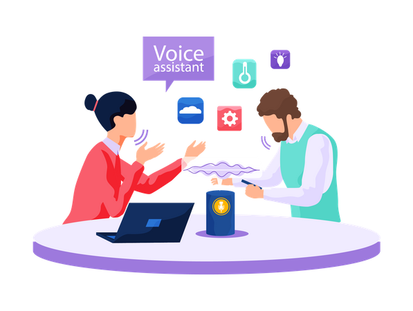 Couple using voice activated speaker  Illustration