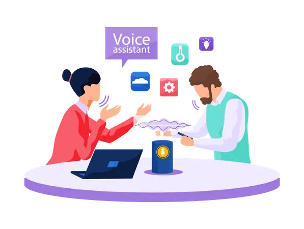 Couple using voice activated speaker  Illustration