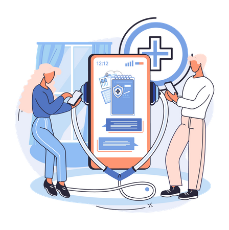 Couple utilisant une application de consultation médicale en ligne  Illustration