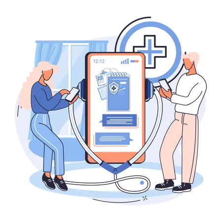 Couple utilisant une application de consultation médicale en ligne  Illustration