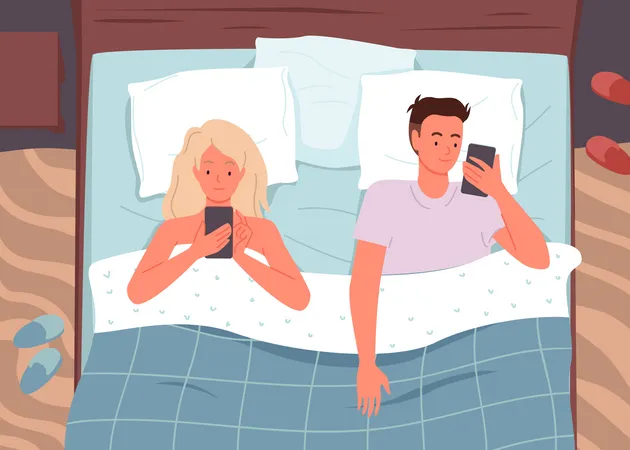 Couple utilisant un smartphone pendant son sommeil  Illustration