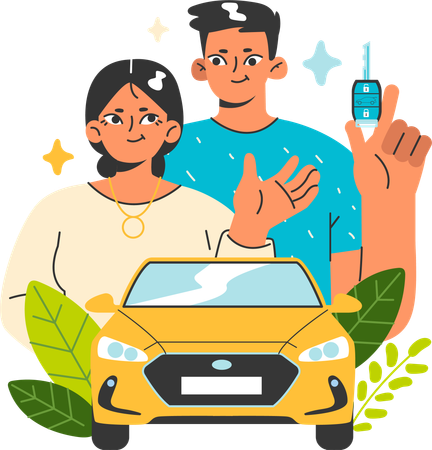 Un couple utilise une voiture intelligente  Illustration