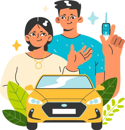 Un couple utilise une voiture intelligente  Illustration