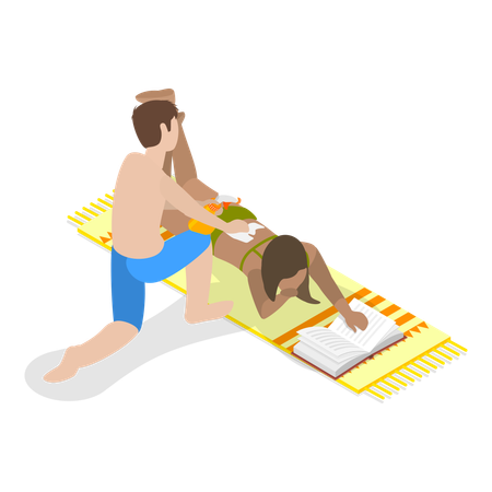 Un couple utilise de la crème solaire sur la plage  Illustration