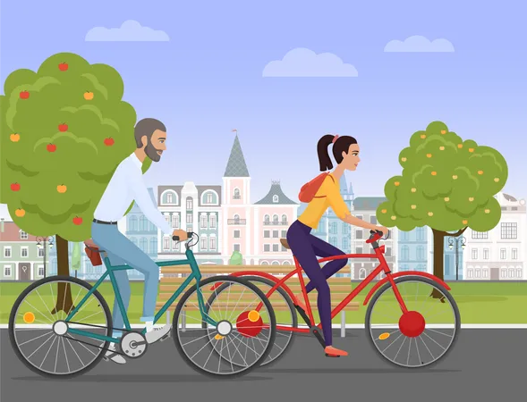 Couple, faire du vélo dans le parc  Illustration