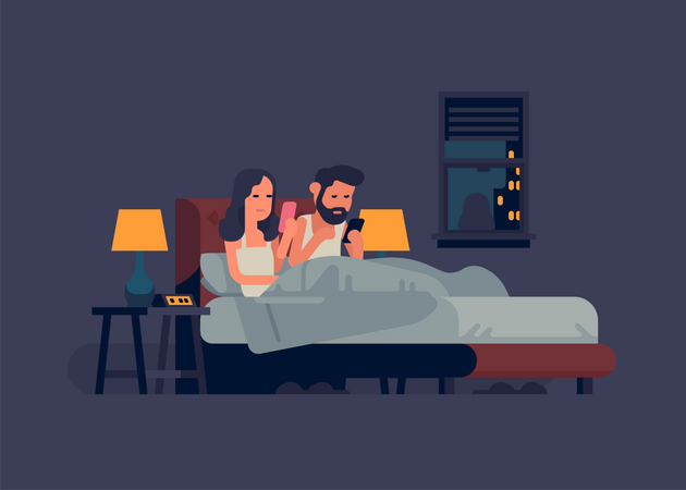 Couple vérifiant leur téléphone pendant la nuit  Illustration