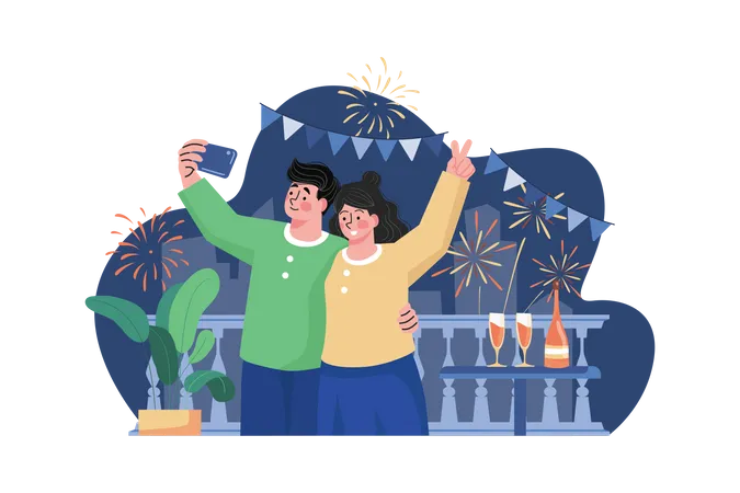 Couple Video Call On New Year  Illustration