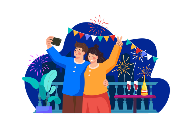 Couple Video Call On New Year  Illustration