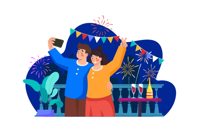 Couple Video Call On New Year  Illustration