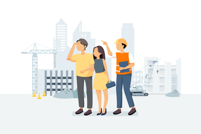 Couple visiting construction site for checking work progress  Illustration