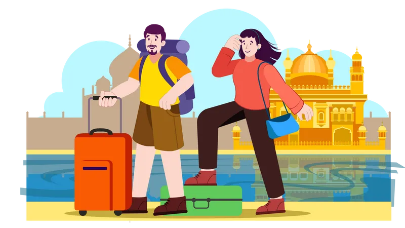 Couple visiting golden temple in India  Illustration