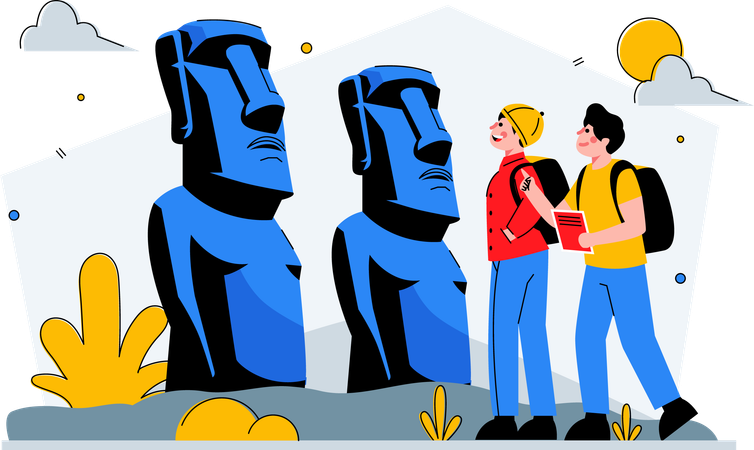 Couple visiting the moai statue  Illustration
