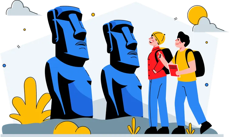 Couple visiting the moai statue  Illustration
