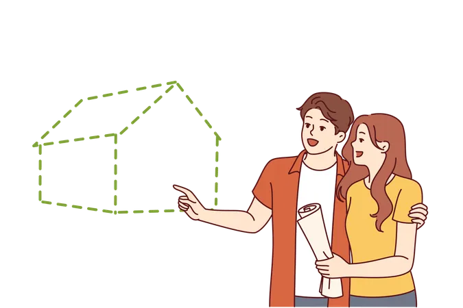Couple Visualizes Buying New House With Mortgage Or Renting Large Apartment In Good Neighborhood Young Happy Man And Woman Smiling Planning To Build Eco House For Family Life Together Illustration