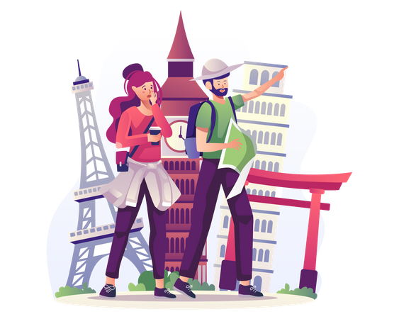 Couple voyageant dans différents pays  Illustration