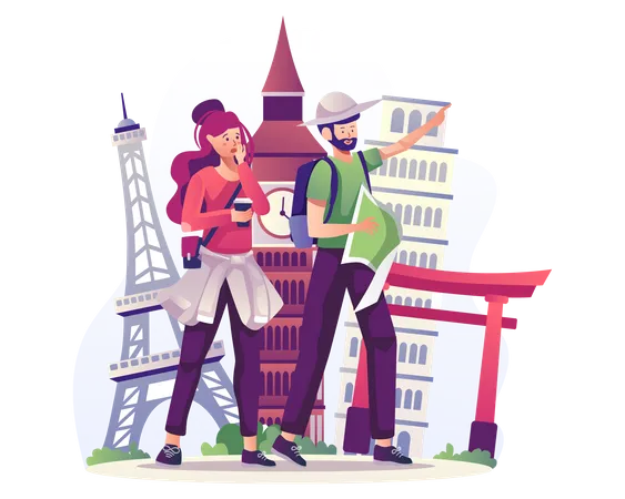 Couple voyageant dans différents pays  Illustration