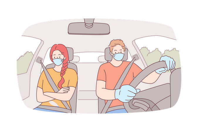 Couple voyageant en voiture à Covid  Illustration