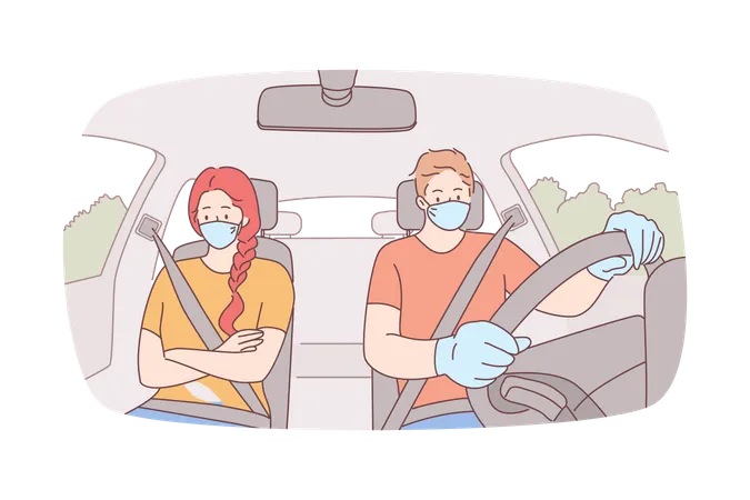 Couple voyageant en voiture à Covid  Illustration