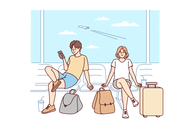 Couple waiting at airport terminal  Illustration