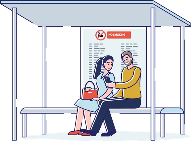 Couple waiting for bus at bus station  Illustration