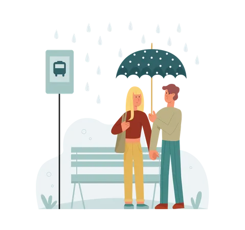 Couple waiting for bus at bus stop together  Illustration