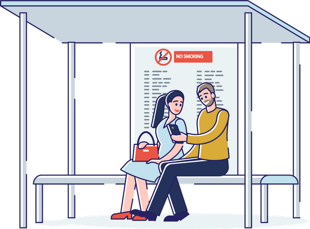 Couple waiting for bus at bus station  Illustration