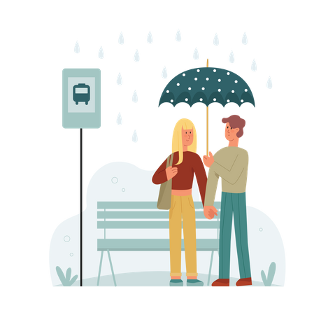 Couple waiting for bus at bus stop together  Illustration