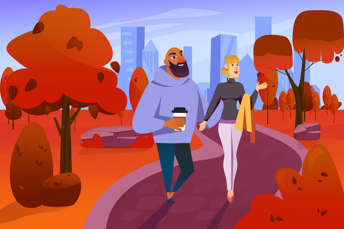 Couple Walk Holding Hands  Illustration