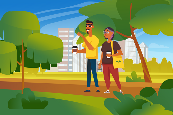 Couple Walk In Garden  Illustration