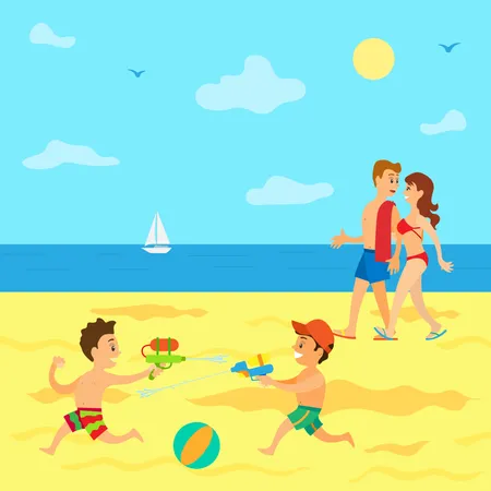 Couple walking at beach and kids playing  Illustration