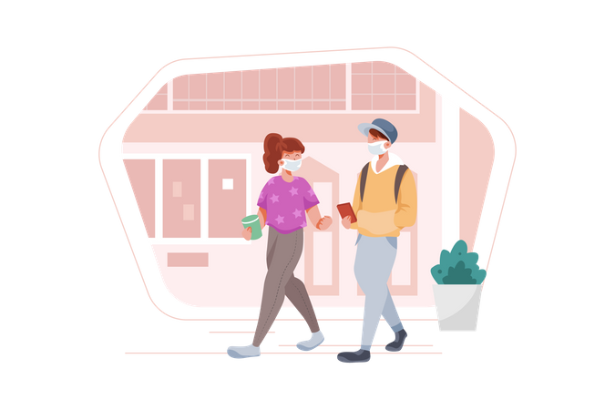 Couple walking by the road wearing face mask  Illustration