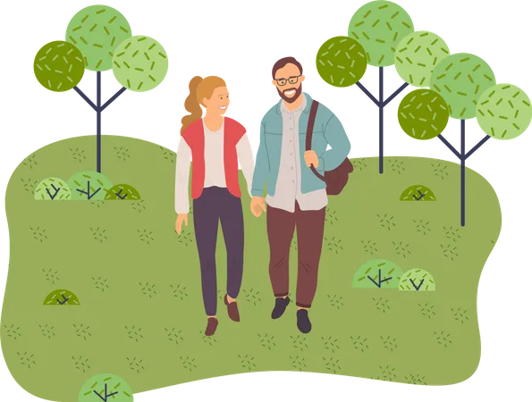 Couple Walking In A Park Young Guy And Girl Holding Hands Walking In Summer Garden Weekend Walk Lovers Man And Woman Met On A Date Outdoor Romantic Promenade In The Open Air Active Lifestyle Illustration