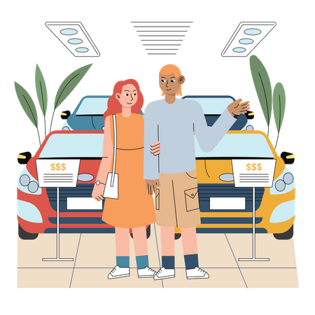 Couple walking in car showroom  Illustration