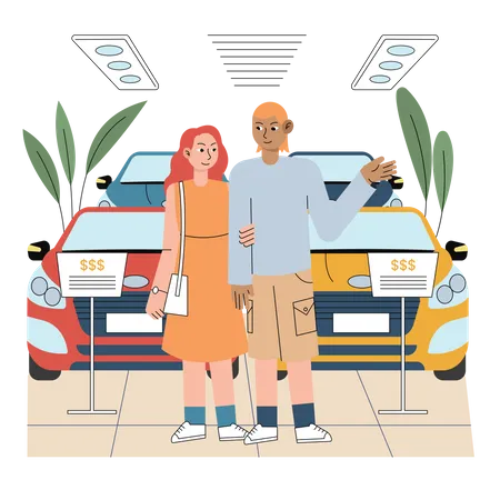 Couple walking in car showroom  Illustration