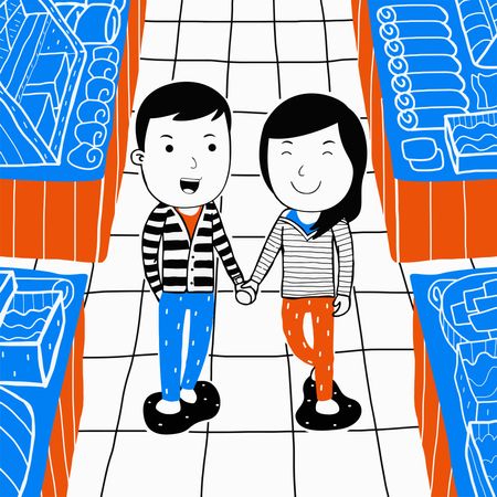 Couple walking in food market  Illustration